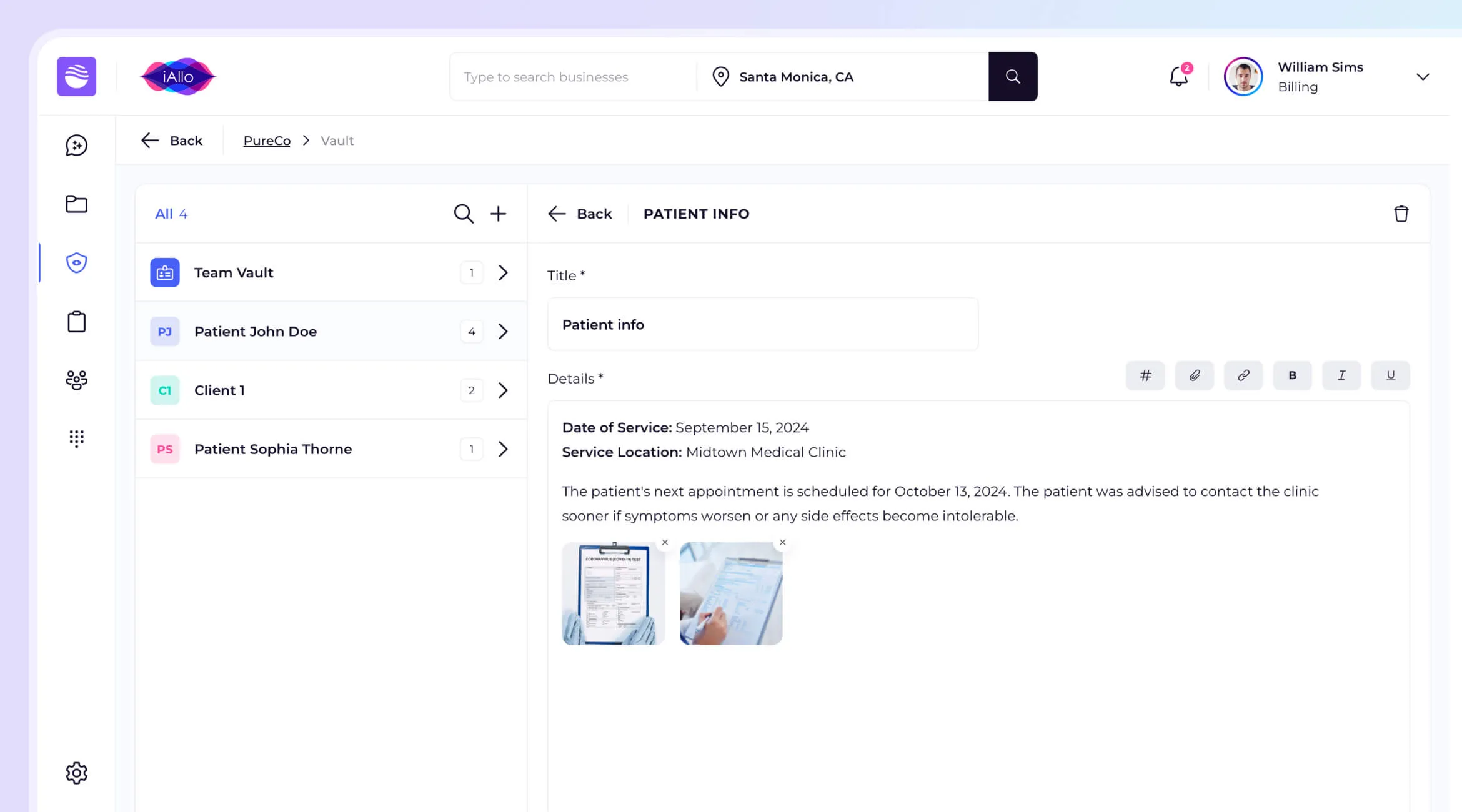 iAllo web app with shared patient information for the office team