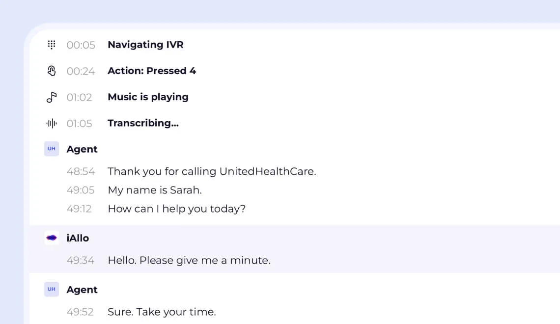 iAllo call log: navigating the phone menu, waiting on hold, then the representative answers