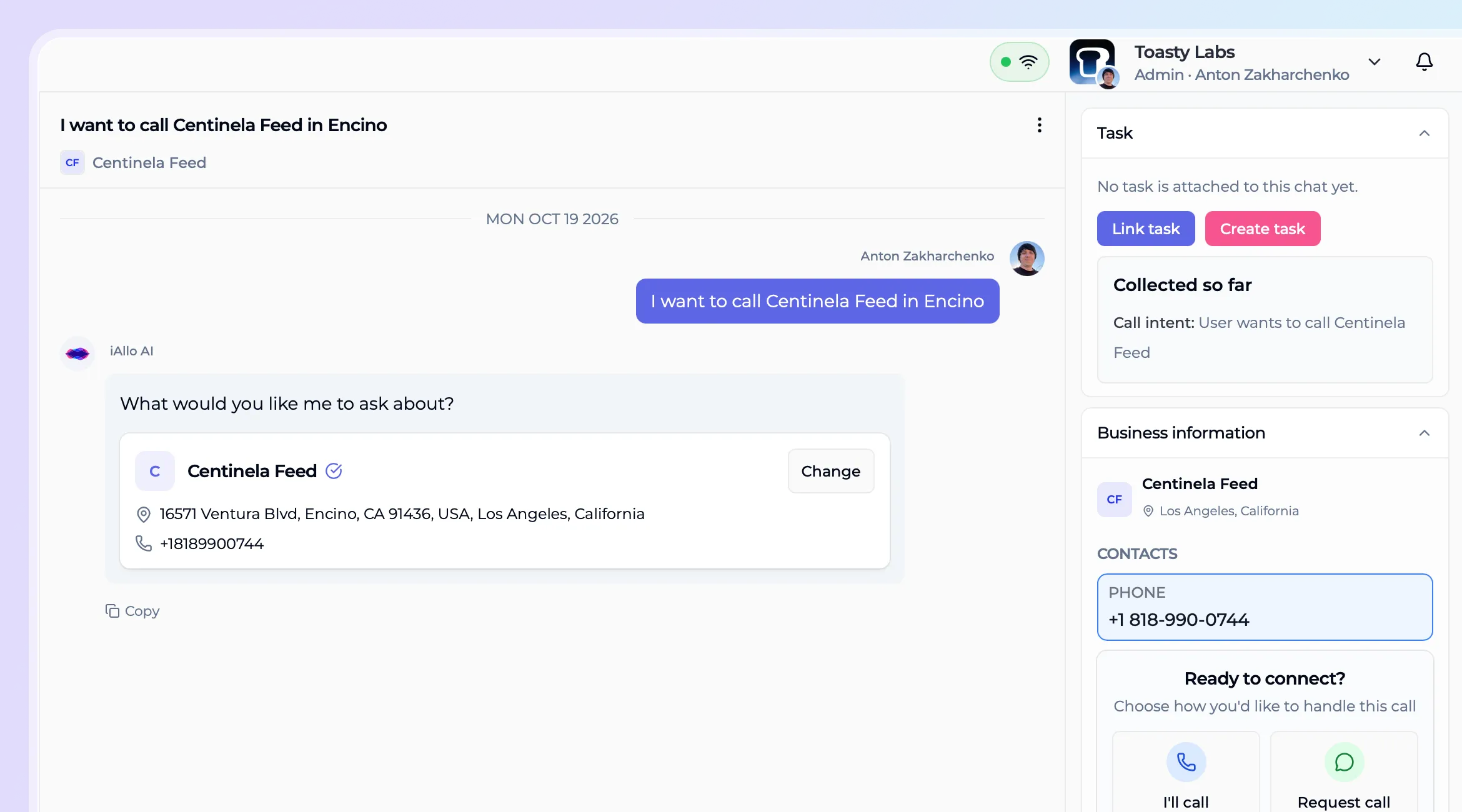 iAllo AI Call Agent preparing a call to Centinela Feed in AI chat with business details and call options