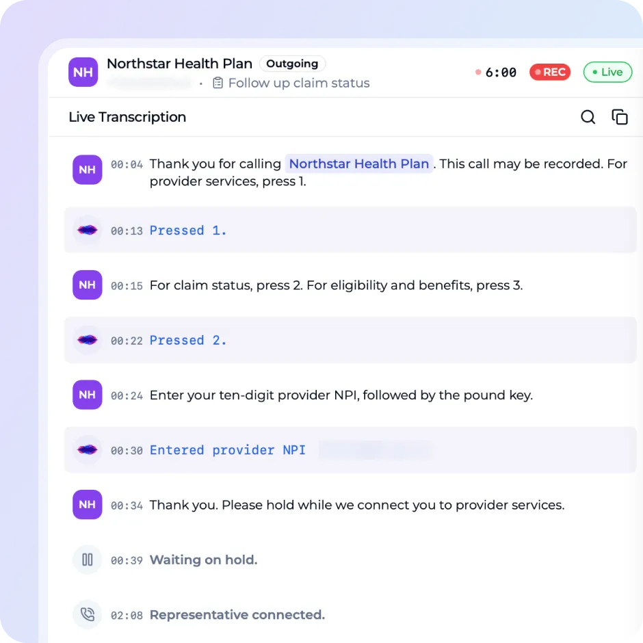 iAllo live call to Northstar Health Plan showing phone menu navigation, hold and representative connection