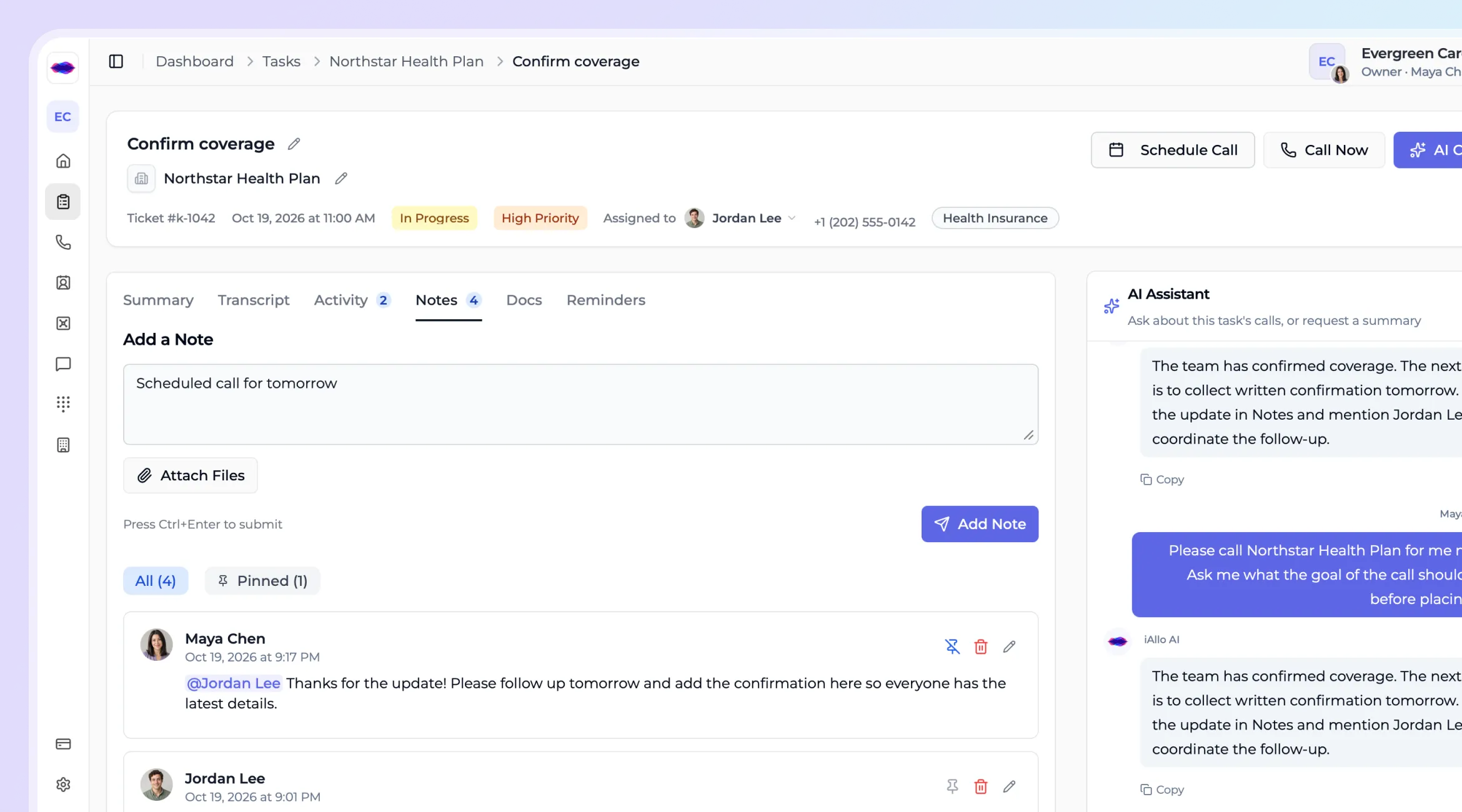 iAllo task notes with team mentions, pinned updates and the AI assistant beside a Northstar Health Plan coverage task