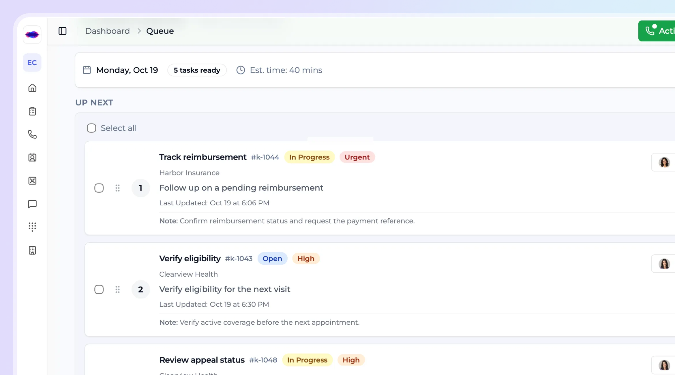 iAllo Queue showing five ordered call tasks with priorities, statuses and controls to start or stop the queue