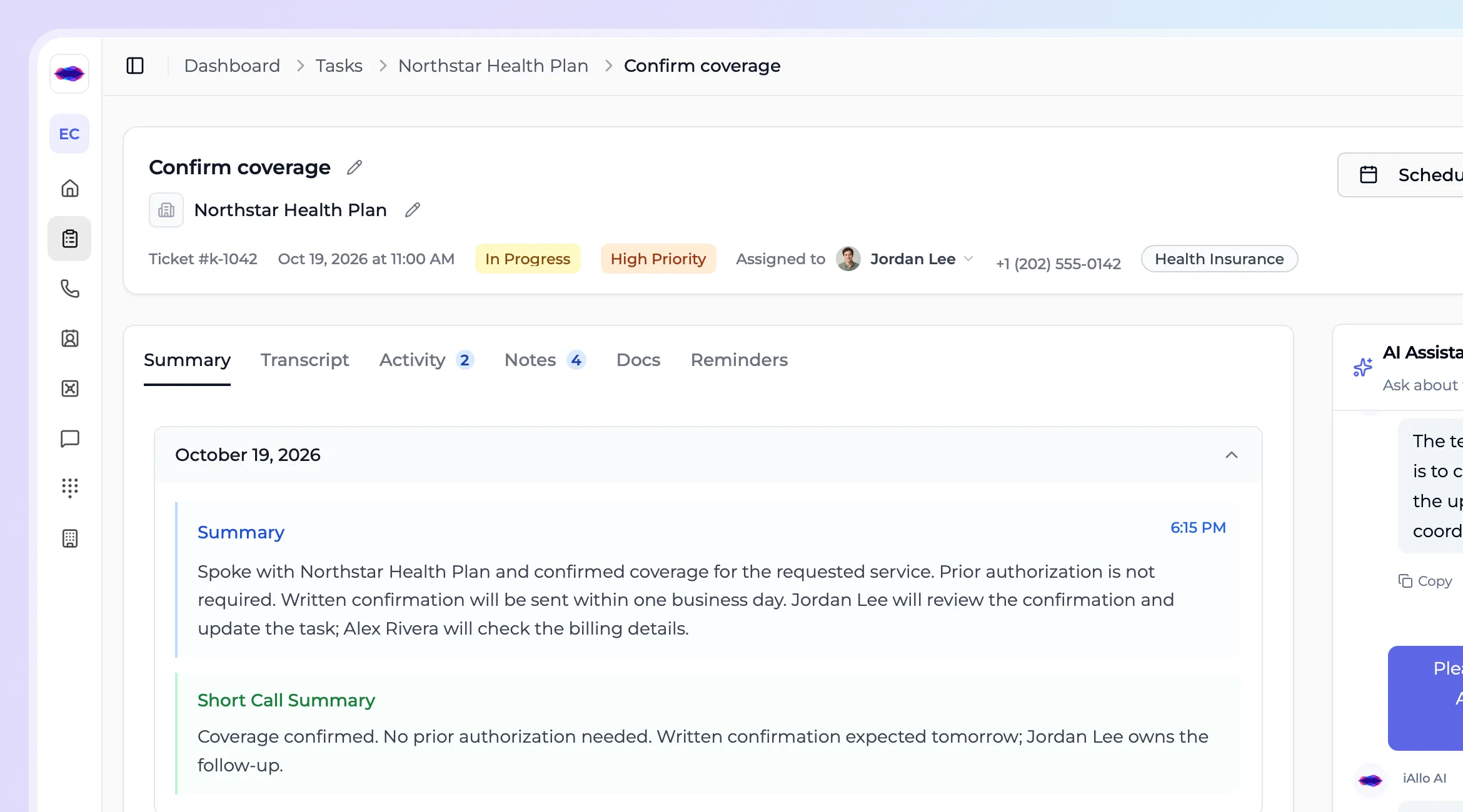 iAllo task showing a detailed AI call summary and a short recap of coverage confirmation with Northstar Health Plan