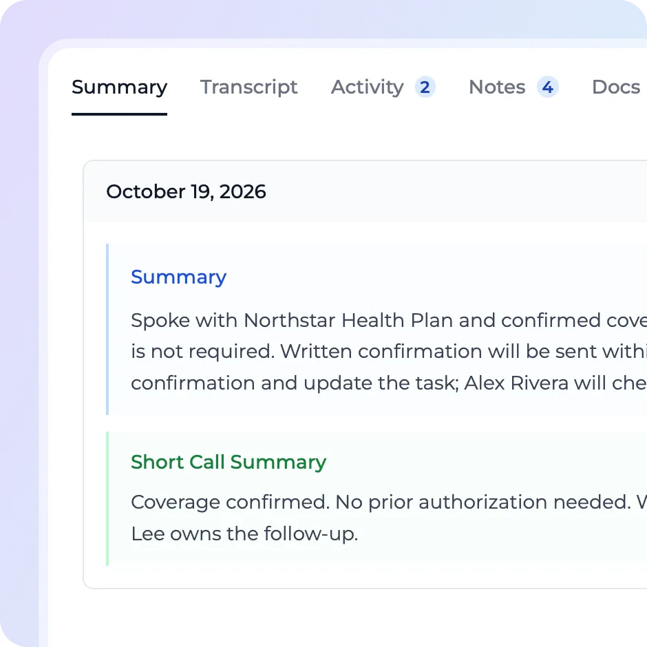 iAllo call record showing a detailed and short AI summary of a Northstar Health Plan call