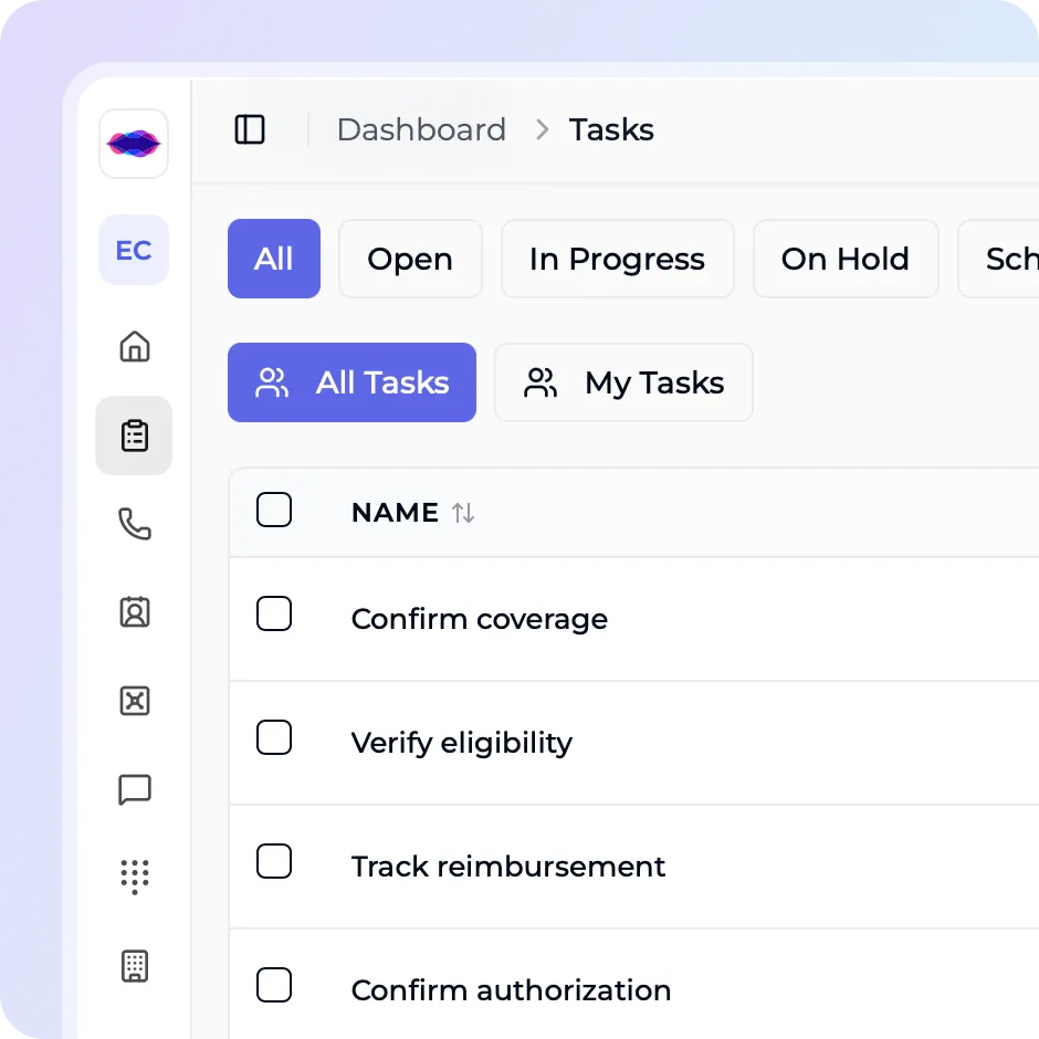 iAllo Tasks dashboard with shared coverage, eligibility and reimbursement follow-ups
