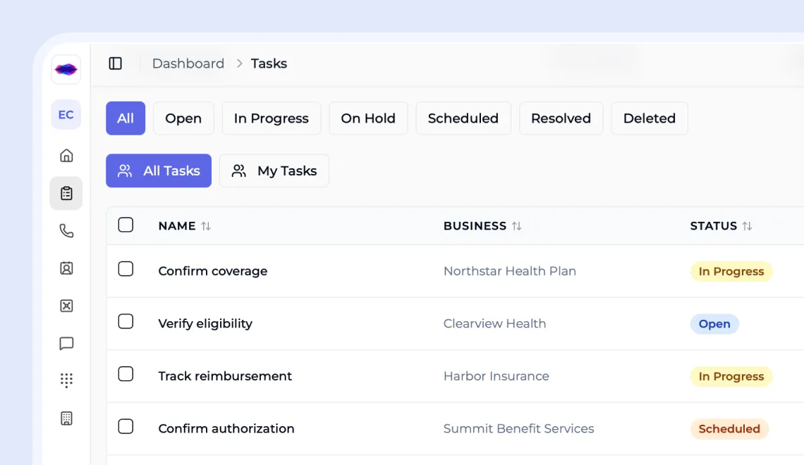 iAllo shared task history showing coverage, eligibility and reimbursement tasks with their businesses and statuses
