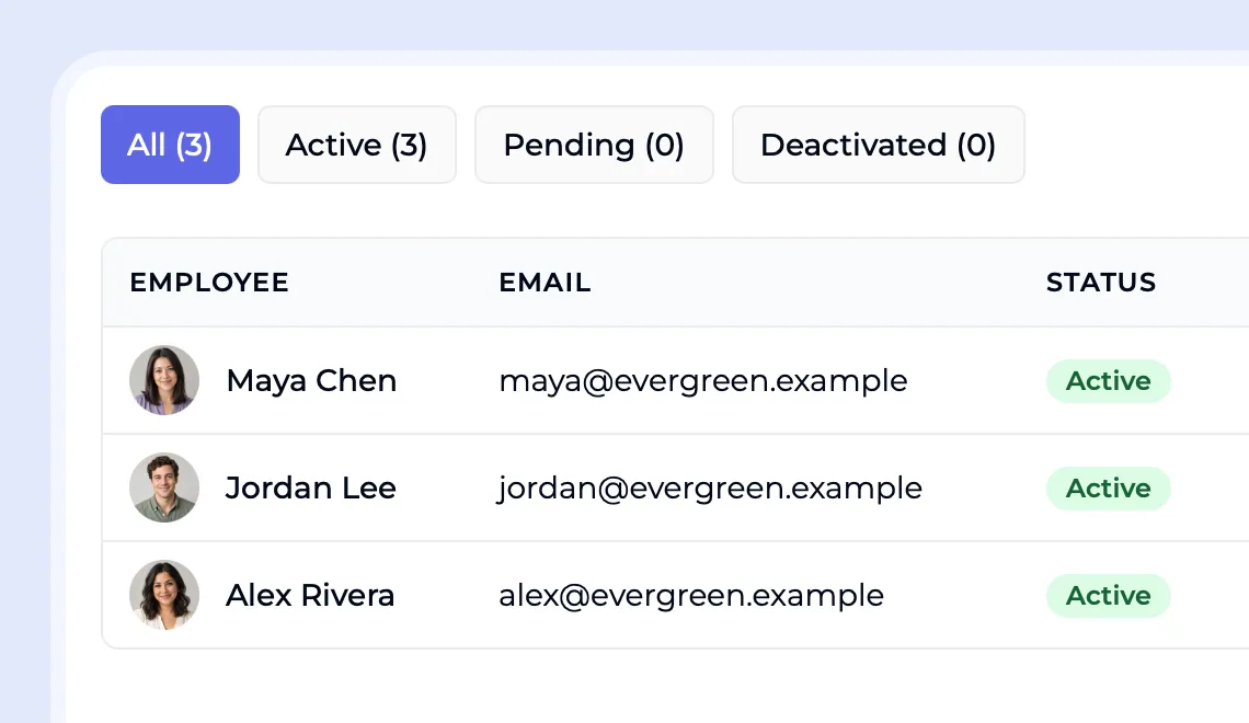 iAllo team management showing employee names, email addresses and active status