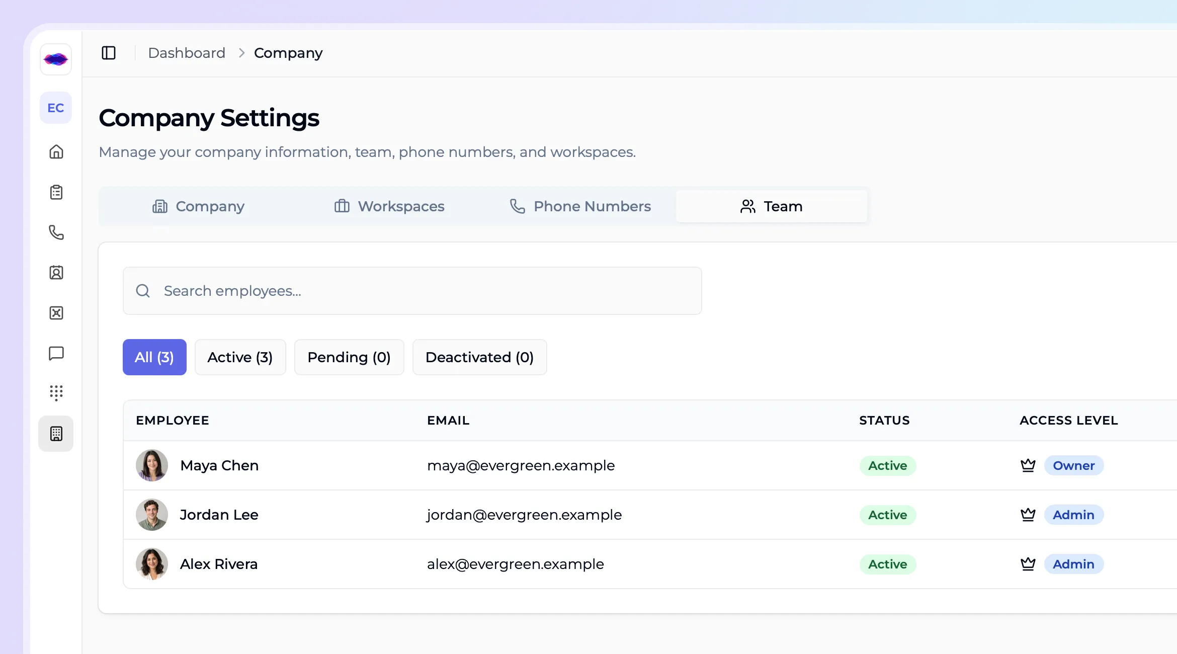 iAllo company team settings showing employees, active statuses and owner or admin access levels