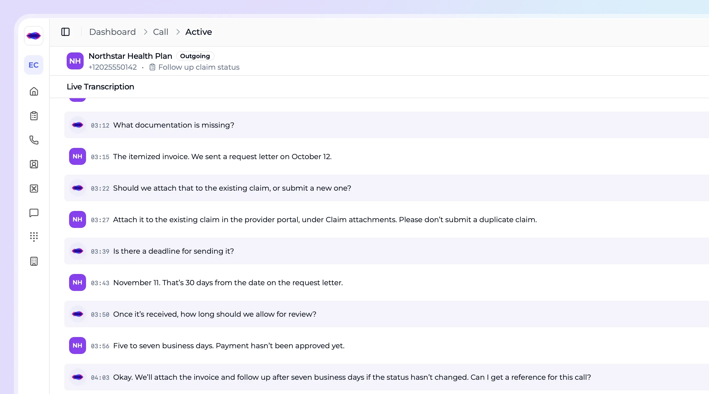 iAllo live call transcript recording a claim follow-up conversation with Northstar Health Plan