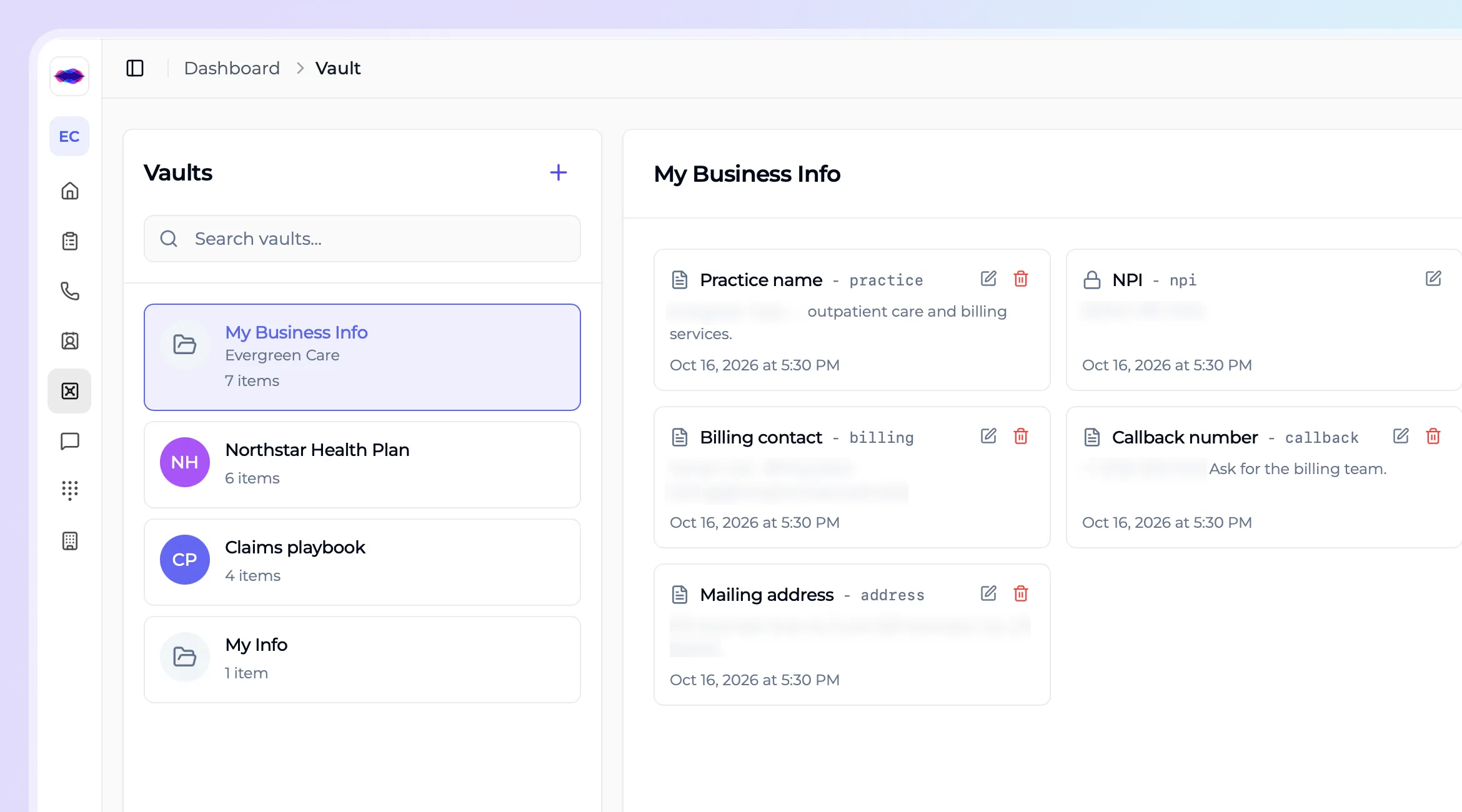 iAllo Vault showing business details, NPI, billing contacts and callback information organized in shared and personal vaults