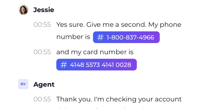 Live transcript with phone and card numbers highlighted