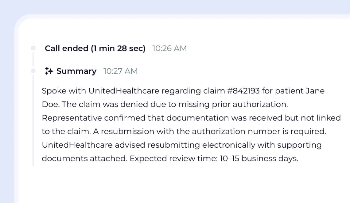 AI summary of a call with UnitedHealthcare about a denied claim
