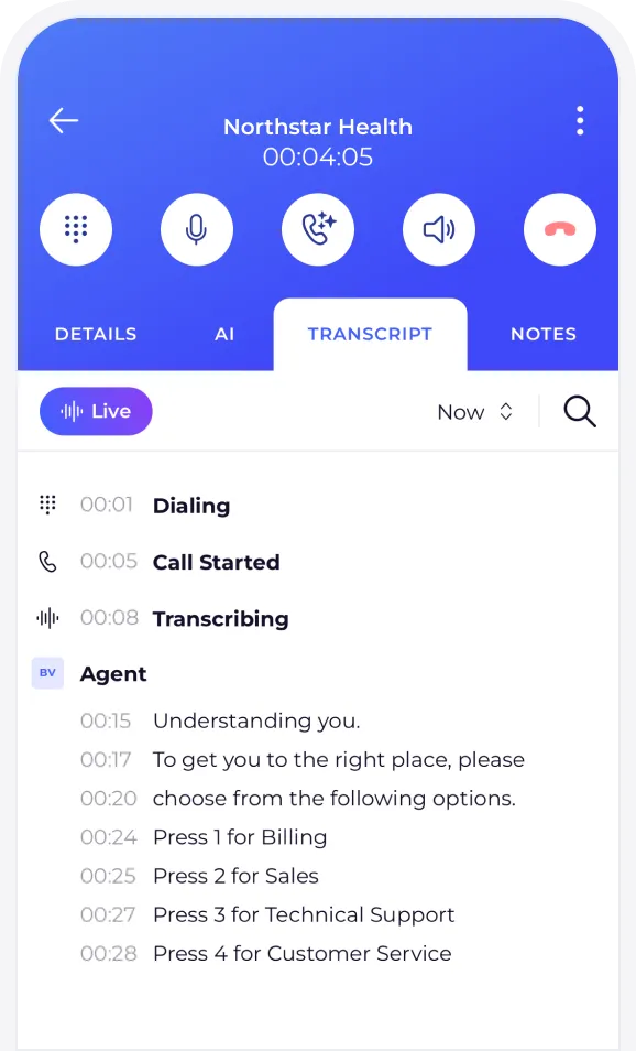 iAllo app showing a Northstar Health call and summary