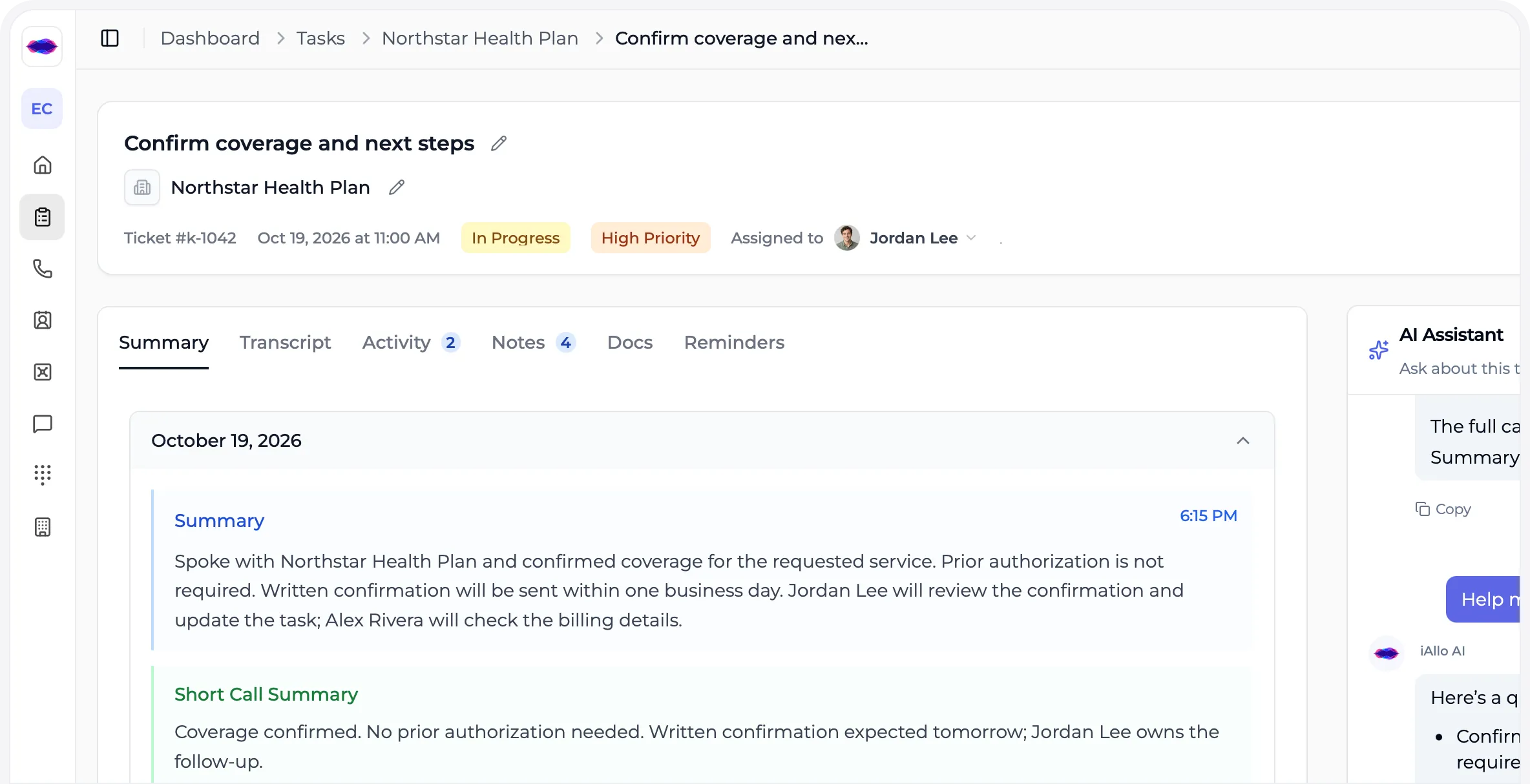 The iAllo web app showing a coverage task with call summaries, activity and follow-up details
